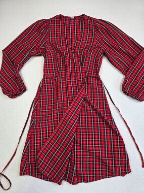 Old Navy XS Plaid Wrap Dress Red Black Tartan Check Puff Sleeve Christmas